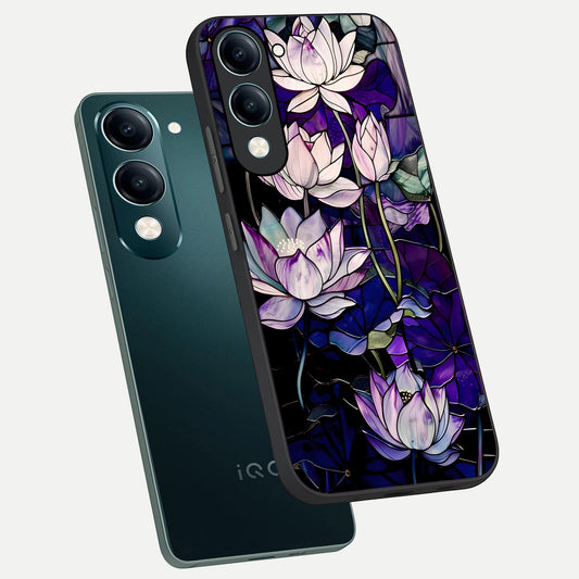 Purple Lotus Pattern phone case for iQOO Z10 Lite showing premium glass back cover with detailed artwork