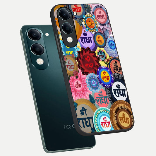 Radha Divine Bloom phone case for iQOO Z10 lite showing premium glass back cover with detailed artwork