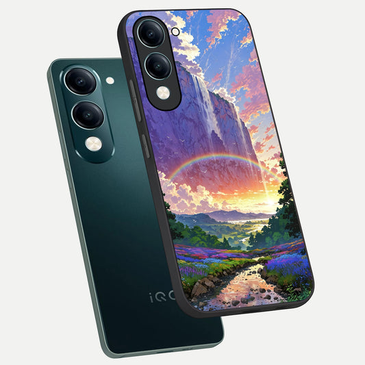 Rainbow Valley Dream phone case for iQOO Z10 lite showing premium glass back cover with detailed artwork