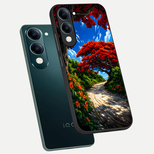 Red Trees Pathway phone case for iQOO Z10 lite showing premium glass back cover with detailed artwork