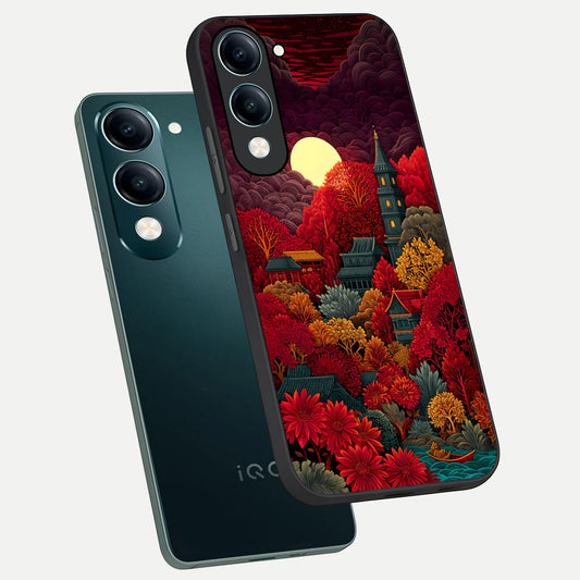 Scarlet Autumn Temple phone case for iQOO Z10 lite showing premium glass back cover with detailed artwork
