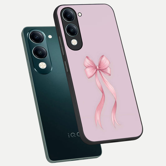 Soft Blush Bow phone case for iQOO Z10 lite showing premium glass back cover with detailed artwork