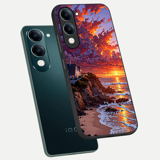 Sunset House By Sea phone case for iQOO Z10 Lite showing premium glass back cover with detailed artwork