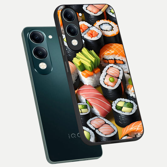 Sushi Food Pattern phone case for iQOO Z10 lite showing premium glass back cover with detailed artwork