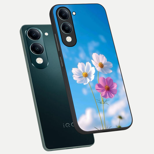Tripple Flowers With Sky phone case for iQOO Z10 Lite showing premium glass back cover with detailed artwork