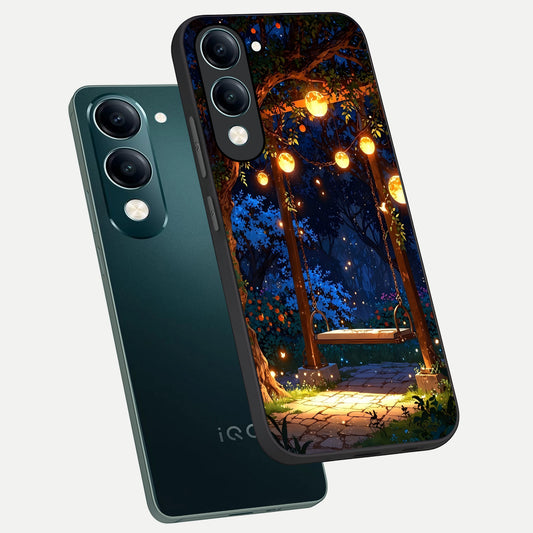 Twilight Garden Swing phone case for iQOO Z10 lite showing premium glass back cover with detailed artwork