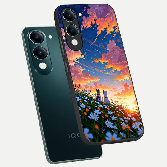 Two Cats Friends phone case for iQOO Z10 Lite showing premium glass back cover with detailed artwork