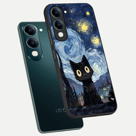 Van Gogh Cat phone case for iQOO Z10 Lite showing premium glass back cover with detailed artwork