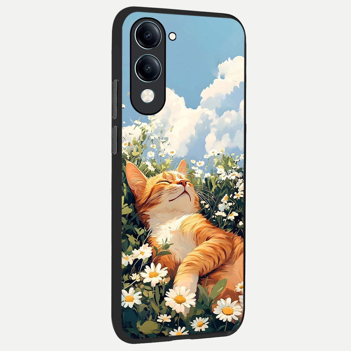 Cat And Flowers View back cover for iQOO Z10 Lite slim fit glass case with vibrant aesthetic design