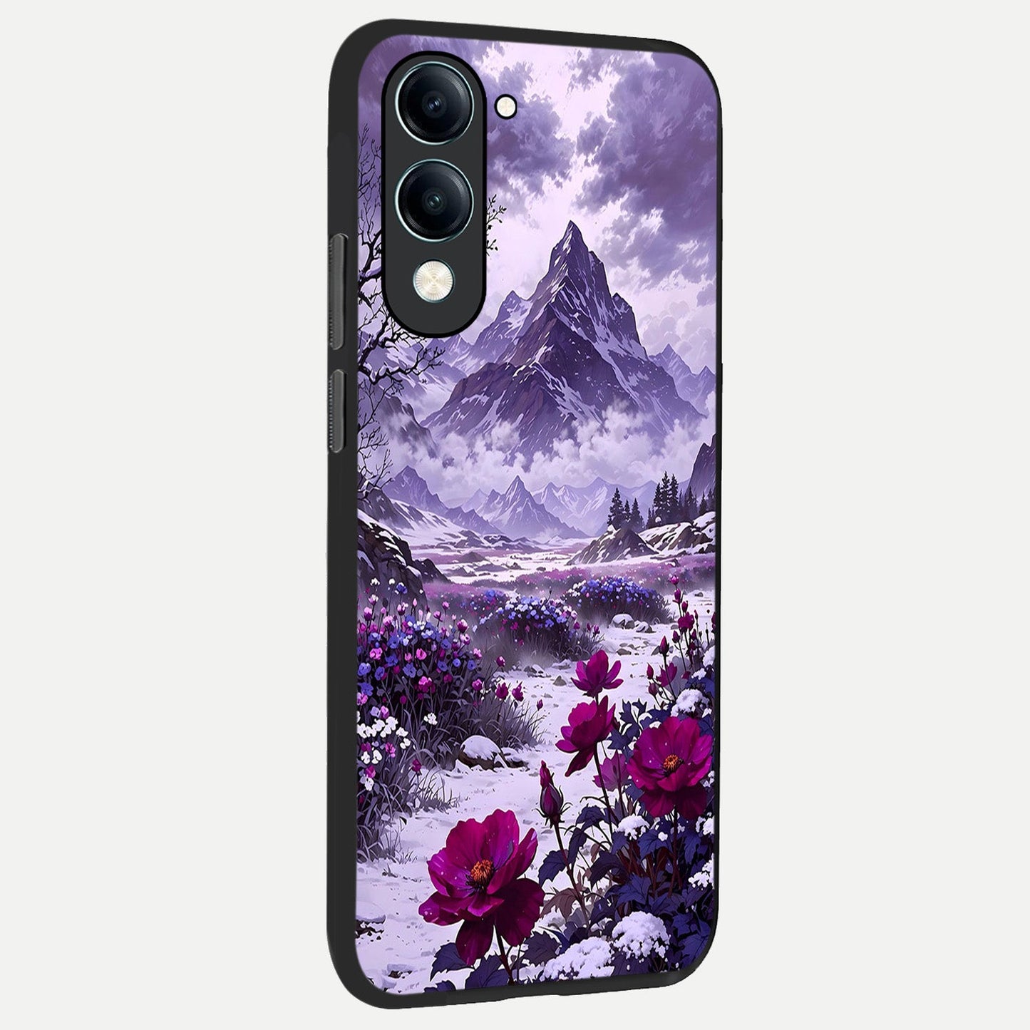 Flower Mountain View back cover for iQOO Z10 lite slim fit glass case with vibrant aesthetic design