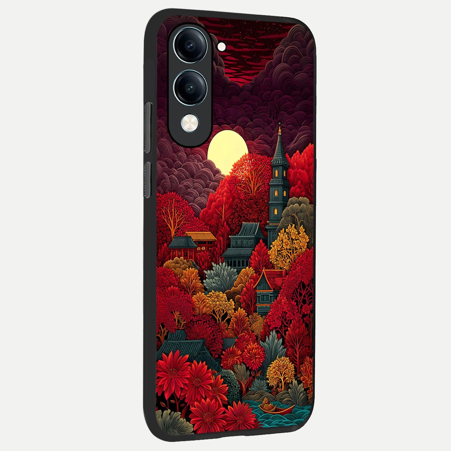 Scarlet Autumn Temple back cover for iQOO Z10 lite slim fit glass case with vibrant aesthetic design
