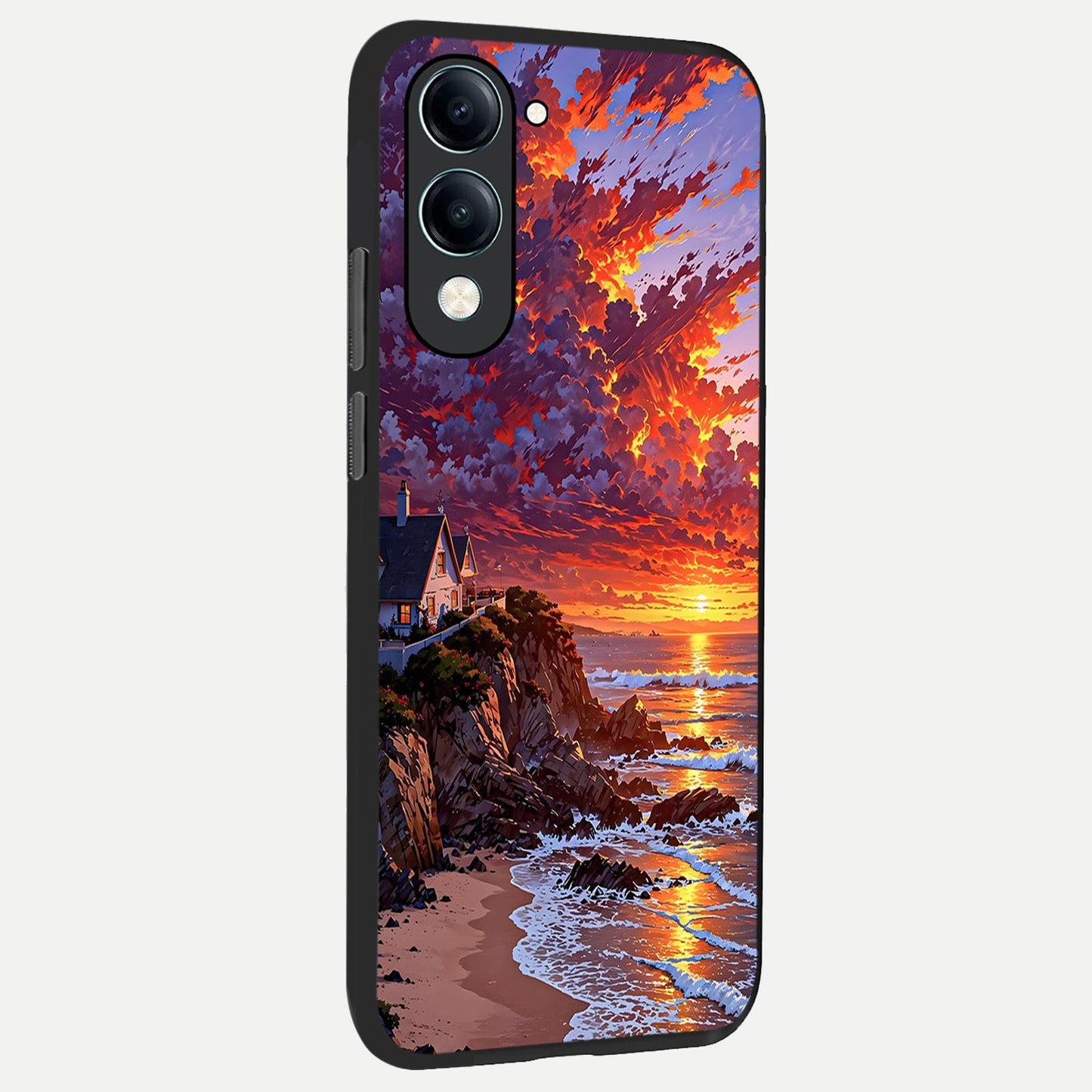 Sunset House By Sea back cover for iQOO Z10 Lite slim fit glass case with vibrant aesthetic design