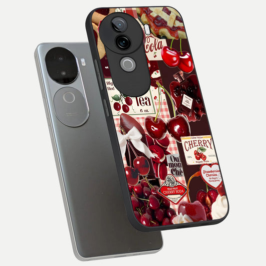 Aesthetic Cherry Tea phone case for iQOO Z9s showing premium glass back cover with detailed artwork