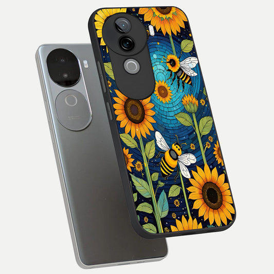 Bees And Sunflowers phone case for iQOO Z9s showing premium glass back cover with detailed artwork