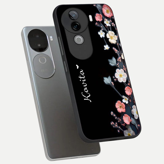 Black Elegance Floral Custom Name phone case for iQOO Z9s showing premium glass back cover with detailed artwork