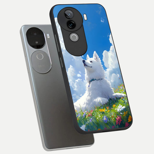 Blissful Cloud Pup phone case for iQOO Z9s showing premium glass back cover with detailed artwork