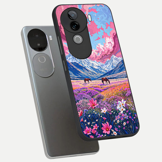Blossom Valley Dream phone case for iQOO Z9s showing premium glass back cover with detailed artwork