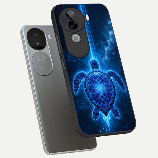 Blue Galaxy Turtle phone case for iQOO Z9s showing premium glass back cover with detailed artwork