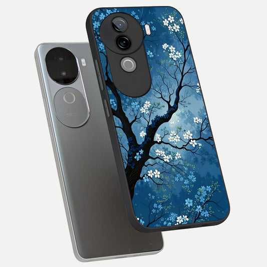 Blue Tree Serenity phone case for iQOO Z9s showing premium glass back cover with detailed artwork