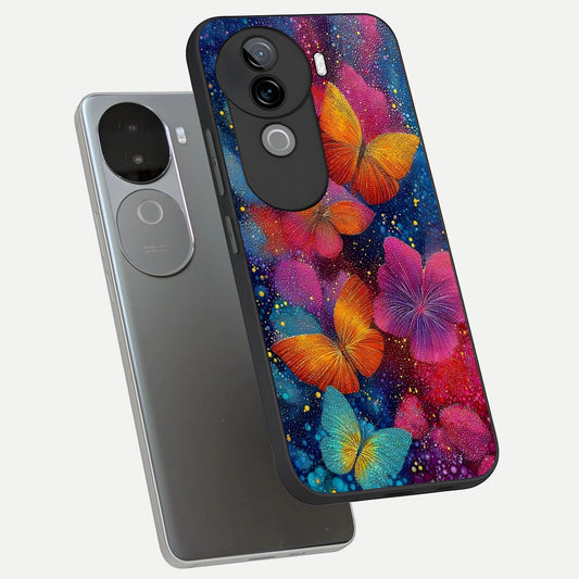 Butterfly Dream Mist phone case for iQOO Z9s showing premium glass back cover with detailed artwork