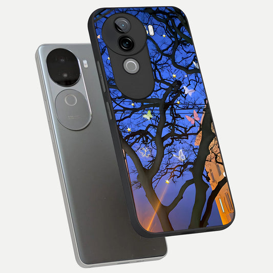 Butterfly Night Magic phone case for iQOO Z9s showing premium glass back cover with detailed artwork