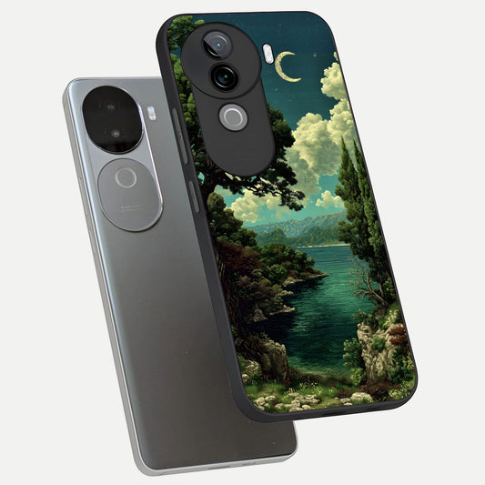 Celestial Lake Peace phone case for iQOO Z9s showing premium glass back cover with detailed artwork