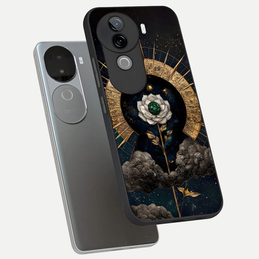 Celestial Lotus Morang phone case for iQOO Z9s showing premium glass back cover with detailed artwork