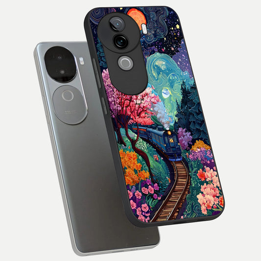 Celestial Train Journey phone case for iQOO Z9s showing premium glass back cover with detailed artwork