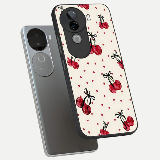 Cherry Heart Bow phone case for iQOO Z9s showing premium glass back cover with detailed artwork