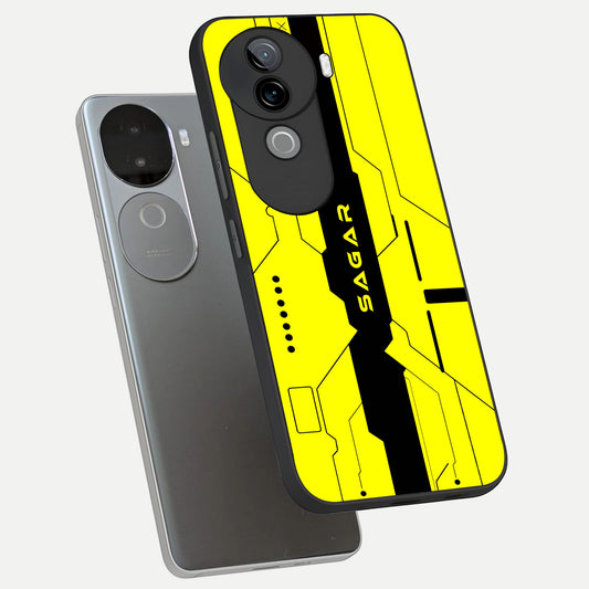 Circuit CYBERPUNK Custom Name phone case for iQOO Z9s showing premium glass back cover with detailed artwork