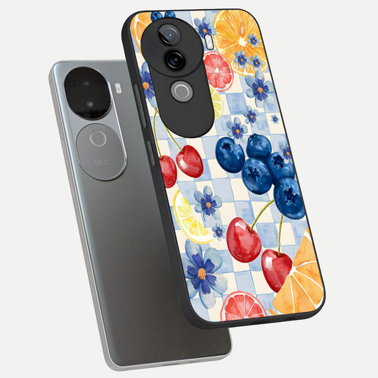 Citrus Bloom Joy phone case for iQOO Z9s showing premium glass back cover with detailed artwork