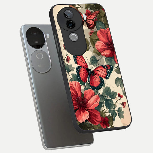 Crimson Butterfly Garden phone case for iQOO Z9s showing premium glass back cover with detailed artwork