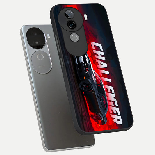 Crimson Challenger Fury phone case for iQOO Z9s showing premium glass back cover with detailed artwork
