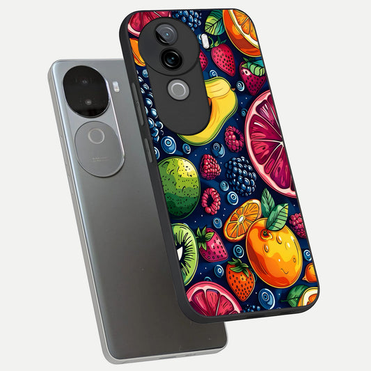 Cute Fruits Art phone case for iQOO Z9s showing premium glass back cover with detailed artwork
