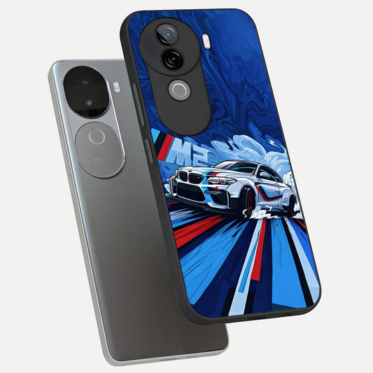 Drift Power Rush phone case for iQOO Z9s showing premium glass back cover with detailed artwork