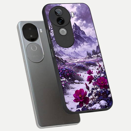 Flower Mountain View phone case for iQOO Z9s showing premium glass back cover with detailed artwork