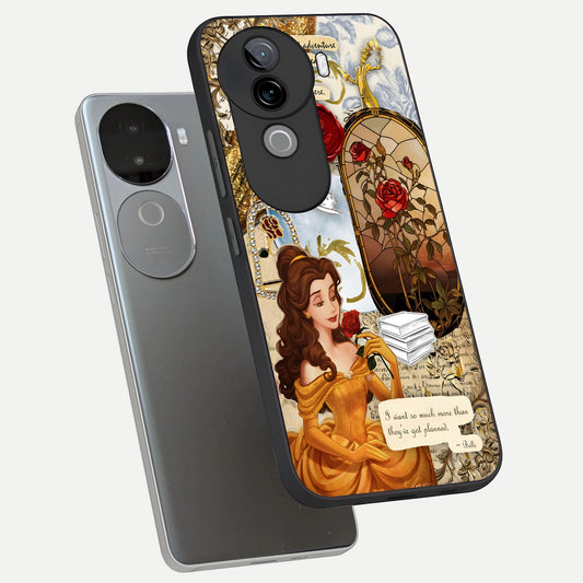 Golden Dream Belle phone case for iQOO Z9s showing premium glass back cover with detailed artwork