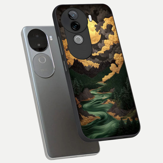 Golden River Moon phone case for iQOO Z9s showing premium glass back cover with detailed artwork
