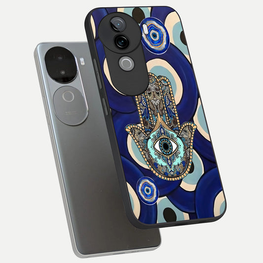 Hamsa Divine Guard phone case for iQOO Z9s showing premium glass back cover with detailed artwork