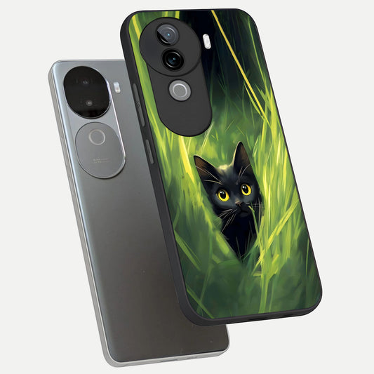Hidden Cat Whisper phone case for iQOO Z9s showing premium glass back cover with detailed artwork