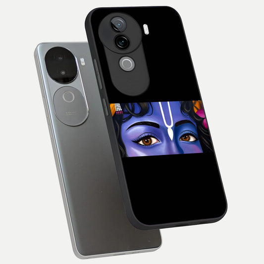 Krishna Eye phone case for iQOO Z9s showing premium glass back cover with detailed artwork