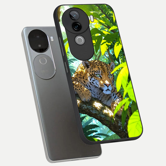Leopard in Jungle phone case for iQOO Z9s showing premium glass back cover with detailed artwork