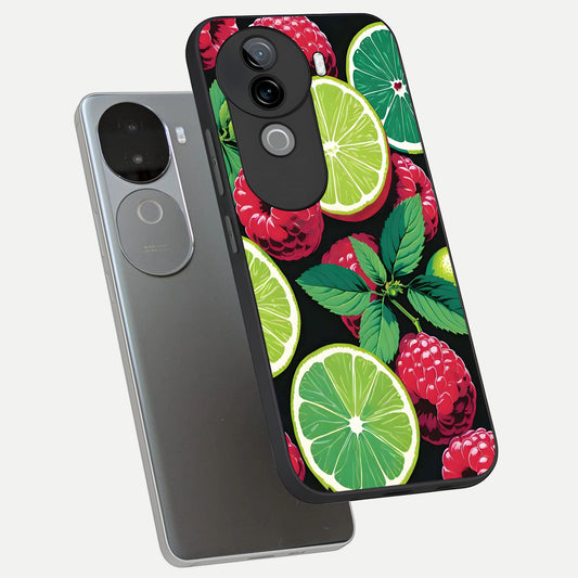 Lime and Raspberry Pattern phone case for iQOO Z9s showing premium glass back cover with detailed artwork