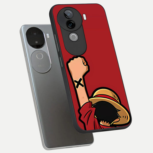 Luffy X Spirit phone case for iQOO Z9s showing premium glass back cover with detailed artwork
