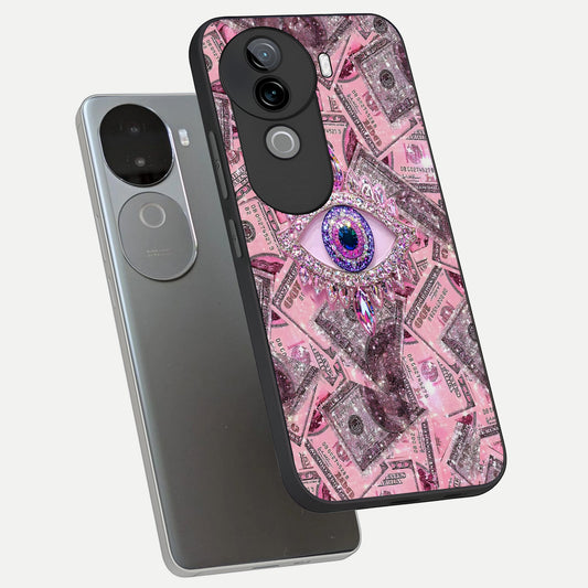 Money Eye Luxe phone case for iQOO Z9s showing premium glass back cover with detailed artwork