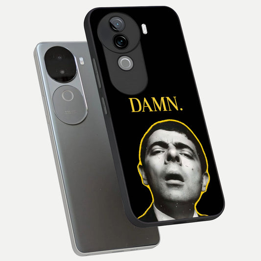 Mr Bean Damn phone case for iQOO Z9s showing premium glass back cover with detailed artwork