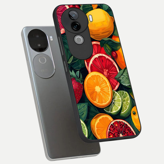 Multiple Fruits phone case for iQOO Z9s showing premium glass back cover with detailed artwork
