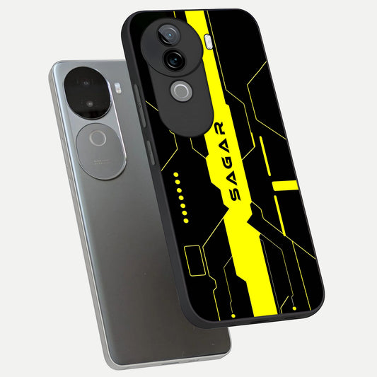 Neon CYBERPUNK Custom Name phone case for iQOO Z9s showing premium glass back cover with detailed artwork