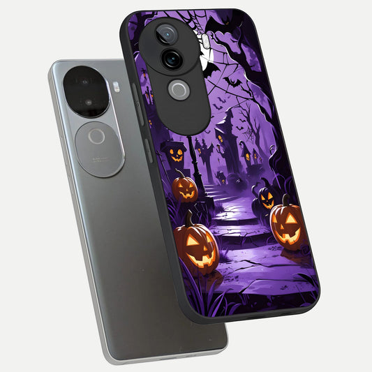 Pumpkin Patch Halloween phone case for iQOO Z9s showing premium glass back cover with detailed artwork