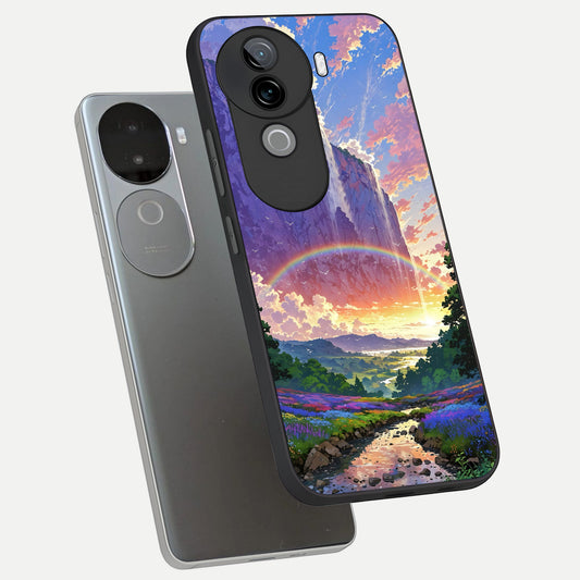 Rainbow Valley Dream phone case for iQOO Z9s showing premium glass back cover with detailed artwork